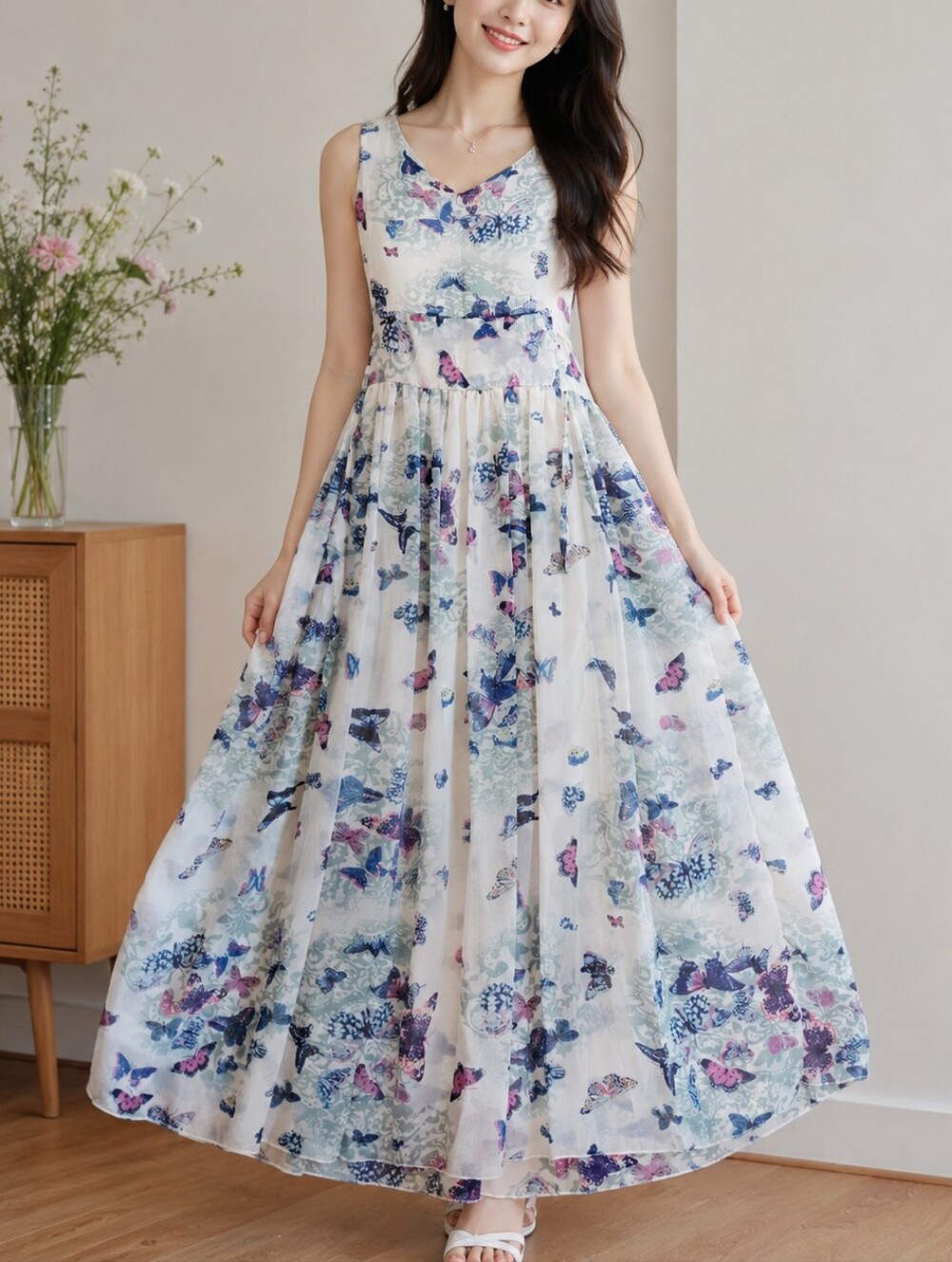 Sleeveless White Maxi Dress with Blue & Pink Butterfly Motif
